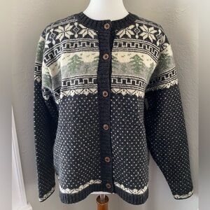 Vtg Nordic Fair Isle 100% Wool Cottagecore Outdoor Rustic Crew Cardigan Sweater